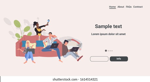 people using digital gadgets taking selfie photo on smartphone camera mix race men women streaming live communication blogging concept horizontal full length copy space vector illustration