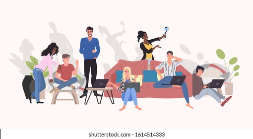 people using digital gadgets taking selfie photo on smartphone camera mix race men women streaming live communication blogging concept horizontal full length vector illustration