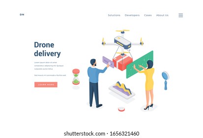 People Using Drone Delivery Service. Isometric Man And Woman Adjusting Settings Of Drone With Parcel On Advertisement Banner Of Delivery Company