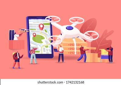 People Using Drones for Food Delivery. Quadcopters Bringing Pizza to Male and female Characters. Aerial Drone Remote Control, Futuristic Service Technologies, Lockdown. Cartoon Vector Illustration