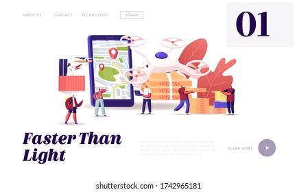 People Using Drones for Food Delivery Landing Page Template. Quadcopter Bringing Pizza to Characters. Aerial Drone Remote Control, Futuristic Service Technology, Lockdown. Cartoon Vector Illustration