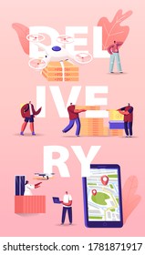 People Using Drones for Food Delivery Concept. Quadcopters Bringing Pizza to Characters. Aerial Drone Remote Control, Futuristic Service Technologies. Poster Banner Flyer Cartoon Vector Illustration