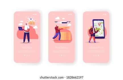 People Using Drones for Pizza Delivery Mobile App Page Onboard Screen Template. Quadcopters Bringing Food to Tiny Characters, Drone Remote Control Technologies Concept. Cartoon Vector Illustration