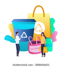 Personas que usan tela ecológica reutilizable, compras de papel, bolsas de comestibles, taza de café, ilustración vectorial plana. Cero desperdicio. La vida sin plástico. Estilo de vida ecológico.