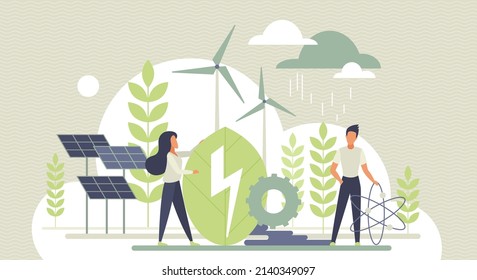 People Using Eco Future Technology, Renewable Energy Sources Vector Illustration. Cartoon Man Woman Characters Standing Near Wind Turbines, Solar Panels. Green Energy To Clean Environment Concept