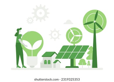 Menschen, die Ökozukunftstechnologien, erneuerbare Energiequellen nutzen. Cartoon Figuren stehen in der Nähe von Smart Home mit erneuerbaren Energien, Windturbinen, Solarzellen. Konzept der grünen Energie für eine saubere Umwelt