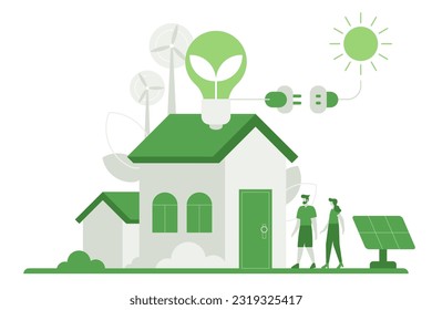 People using eco future technology, renewable energy sources. Cartoon characters standing near smart home with renewable energy, wind turbines, solar panels. Green energy to clean environment concept