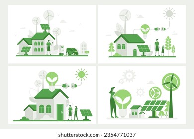 People using eco future technology, renewable energy sources. Cartoon characters standing near smart home with renewable energy, wind turbines, solar panels. Green energy to clean environment concept