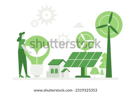 People using eco future technology, renewable energy sources. Cartoon characters standing near smart home with renewable energy, wind turbines, solar panels. Green energy to clean environment concept