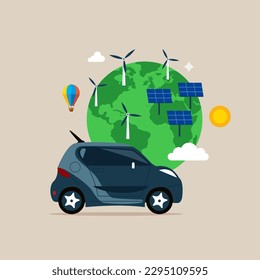 Menschen, die Ökotechnologie nutzen. Geschäftsmann in Elektroautos, in der Nähe von Solarpaneelen und Windturbinen. Flache Vektorgrafik.