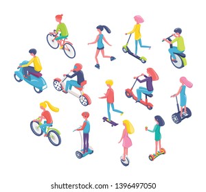 People using eco transport vector, man and woman riding bikes an scooters flat style. Isolated teenagers on bicycles and modern hoverboards flat style