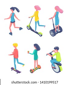 People using eco transport vector, man and woman of young age standing on hoverboard and innovative electric scooters with stand to hold flat style