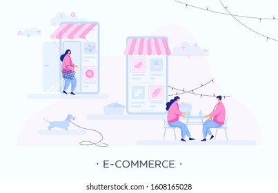 People using e-commerce app for buying products. Customer relationships with shop. Shopper ordering goods online. Checkout, discount, mobile app, online order. Flat people vector illustration. Vector