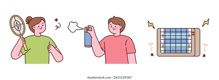 Pessoas usando mata-moscas elétrico, spray de inseto e inseticida para se livrar de mosquitos. Ilustração de controle de pragas de verão.