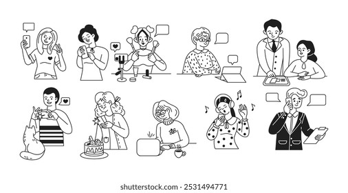 People using electronic devices for various purposes linear vector icons set. Modern technology for work and rest characters illustration collections