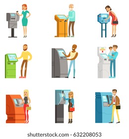 People using electronic self service terminals. Payments and receive money. ATM machine money deposit and withdrawal. Set of colorful cartoon detailed vector Illustrations