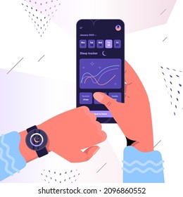 people using electronic smart watch app tracker on hand quality and quantity sleep control concept