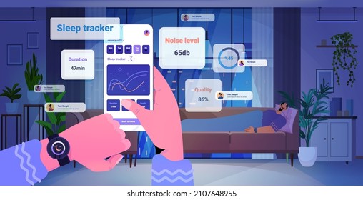 people using electronic smart watch app tracker on hand quality and quantity sleep control concept