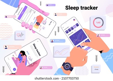 personas que utilizan el rastreador de aplicaciones de reloj inteligente electrónico en el concepto de control de calidad y cantidad de sueño