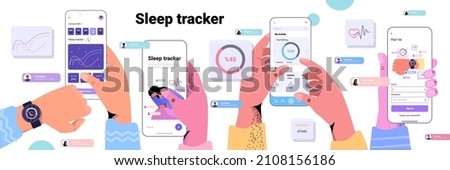 people using electronic smart watch app tracker on hand quality and quantity sleep control concept