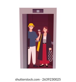 People using an elevator. Metallic grey lift sliding doors. Cartoon young woman with bags and man with drink cup inside the elevator lift cabin. Vector flat illustration isolated on white background