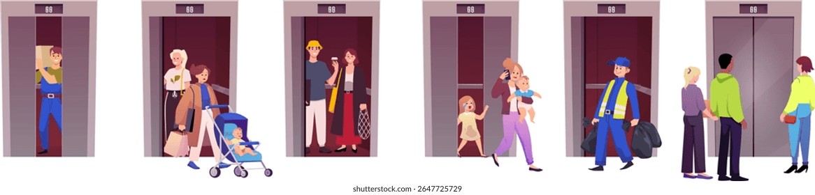 Pessoas usando elevador. Ilustrações planas de vetor definidas isoladas sobre fundo branco. Portas deslizantes de elevador cinza metálico. Família com crianças e carrinho de bebê, trabalhadores com carga usando elevador