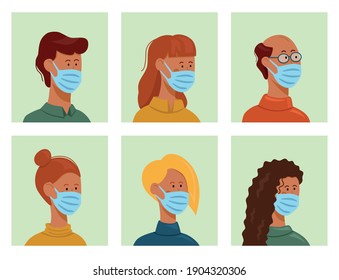 Gente usando una máscara facial para el coronavirus. Ilustración vectorial plana.