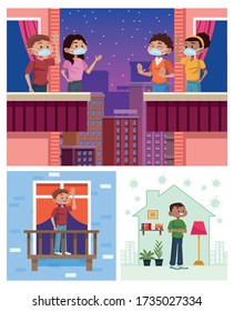 people using face mask on house balcony for quarentine vector illustration design