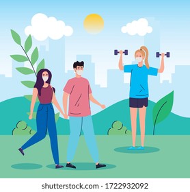 people using face mask practicing activities in landscape vector illustration design