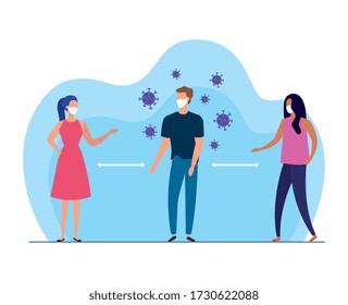 people using face mask and social distancing for covid19 vector illustration design