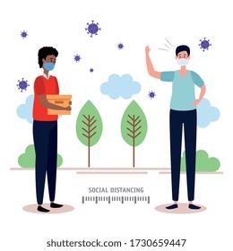 people using face mask and social distancing for covid19 vector illustration design