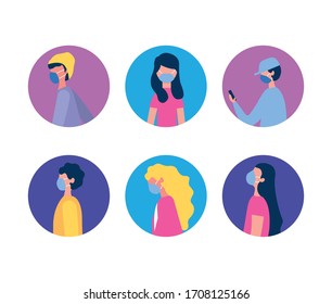 personas que utilizan máscaras faciales para el diseño de ilustraciones vectoriales pandémicas covid19