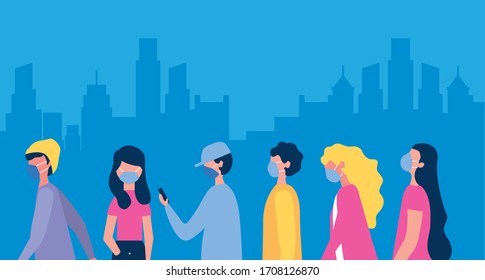 personas que usan máscaras faciales para covid19 en el diseño de ilustración de vector de la ciudad