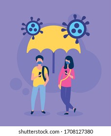 people using face masks with covid19 particles and umbrella vector illustration design