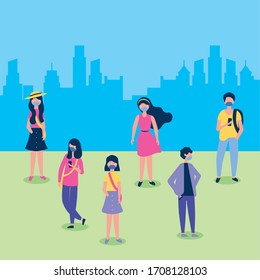 people using face masks for covid19 pandemic in the camp vector illustration design