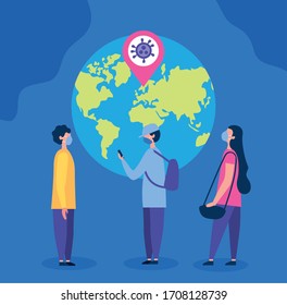 people using face masks with covid19 particle in earth planet vector illustration design