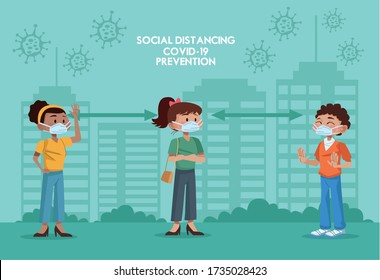 people using face masks and practicing social distance on the city vector illustration design