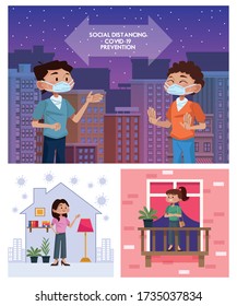 personas que usan máscaras faciales y practican distancia social y se quedan en el diseño de ilustraciones de vectores domésticos