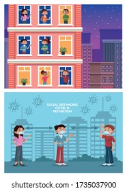 people using face masks and practicing social distance and stay at home vector illustration design