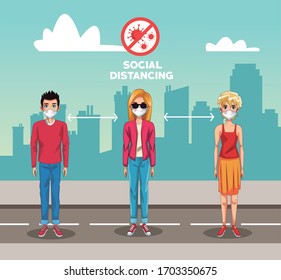 people using face masks in the road vector illustration design
