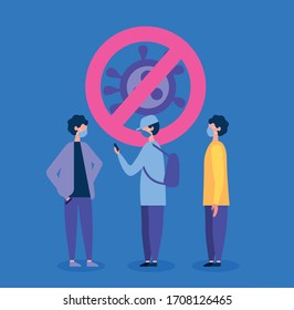 people using face masks with stop covid19 signal vector illustration design