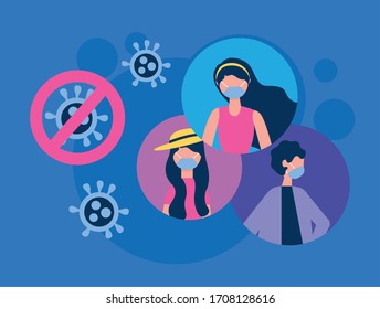 people using face masks with stop covid19 signal vector illustration design
