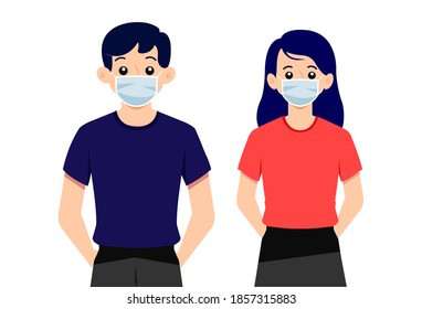 People using facemask with particles covid 19 vector illustration. prevention and safety procedures concept
