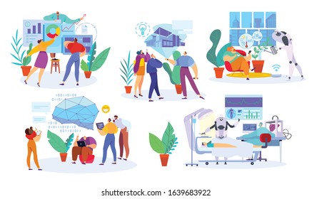 People using futuristic technology innovations, vector illustration. Tech development progress, artificial intelligence concept. Digital technologies home and work robots and people biorobot character