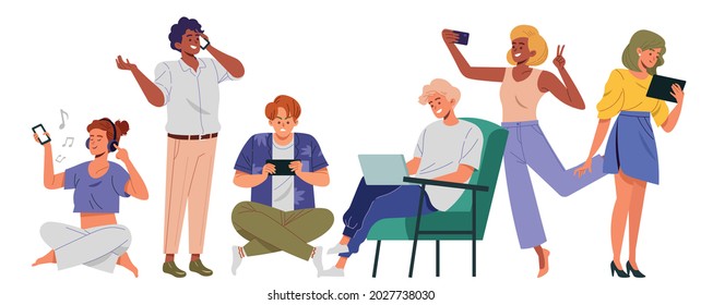 People using gadget with different poses and expressions. Man and women holding a smartphone to texting, read online news, chatting, play games, social media, usability. Flat style vector illustration