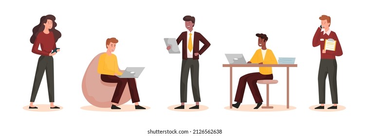 People using gadget. Modern technologies. Collection of characters in different situations with devices. Woman with smartphone, guys with laptops and tablet. Cartoon flat vector illustration