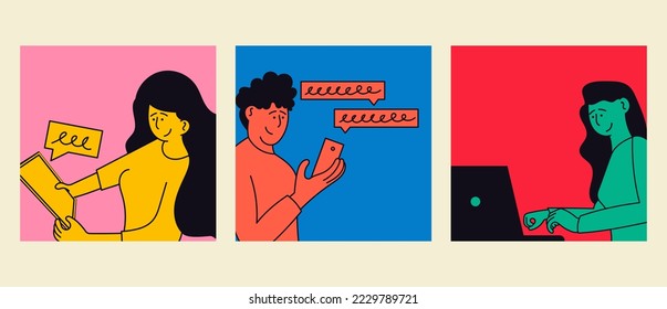 People using gadget vector illustration set. Character using laptop, looking at smartphone, holding tablet. Social network and online technology. Group communication and digital connection wireless