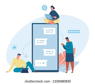People using gadgets, chat and messaging in smartphone. Vector of conversation and chatting, message in internet illustration