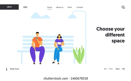 People Using Gadgets, Chatting in Social Media Networks. Man and Woman Communicating with Mobile Devices, Laptop, Smartphone, Website Landing Page, Web Page. Cartoon Flat Vector Illustration, Banner