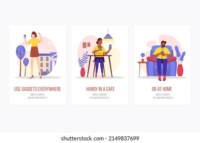 People using gadgets concept onboarding screens. Women take selfie or browse, man listen to music on phone. Modern UI, UX, GUI user interface kit with people scene for web design. Vector illustration